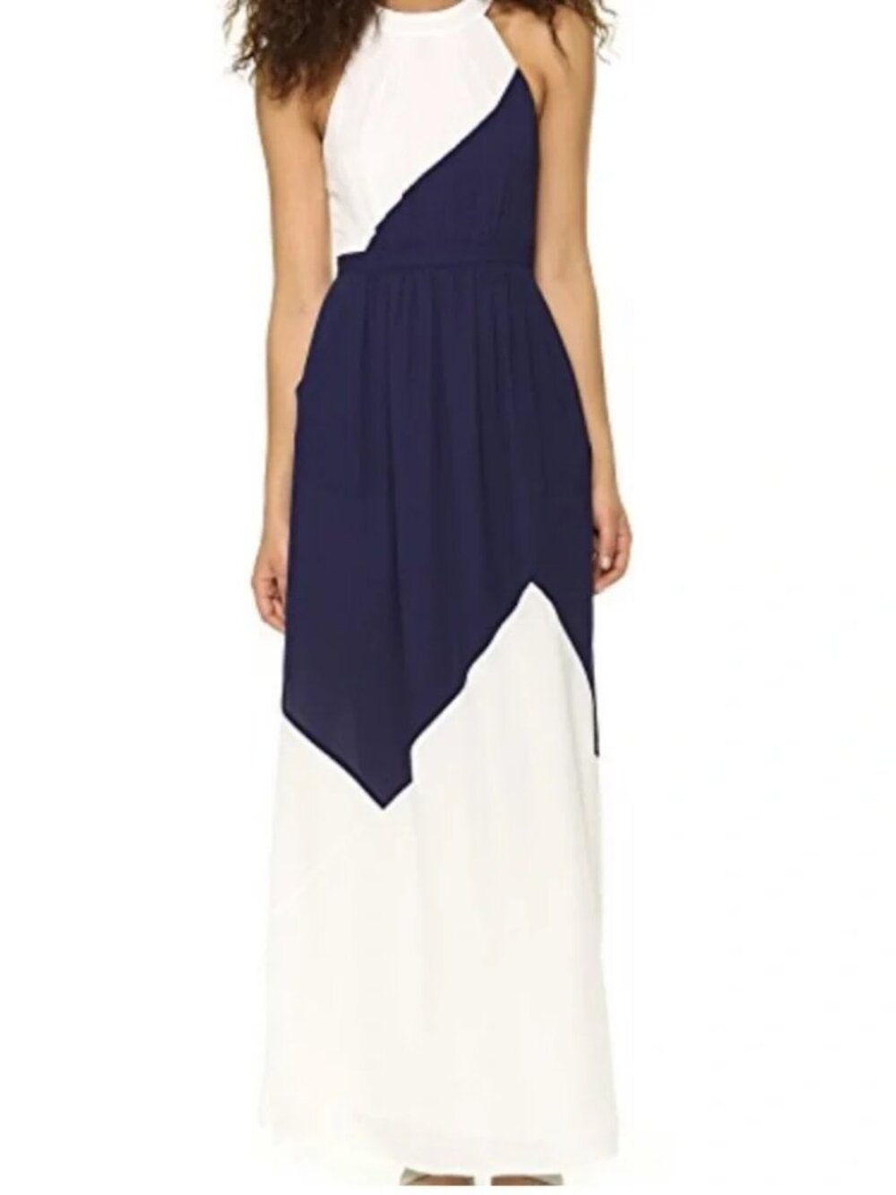 Shoshanna Navy Blue White Maxi Dress Darren Color Block High Halter Neck Long 0